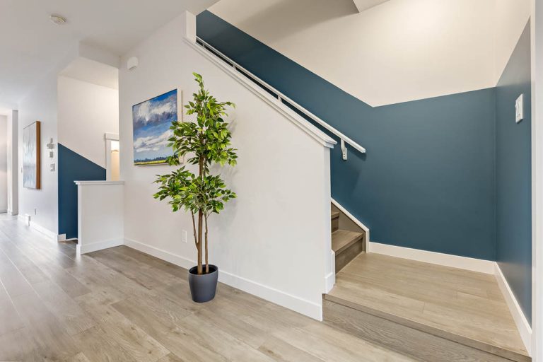Modern hallway with teal accent wall, wooden flooring, potted plant, and staircase leading upward
