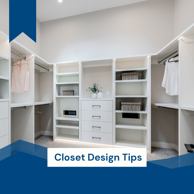 Modern walk-in closet with white shelving, hanging rods, and organized storage compartments with text overlay